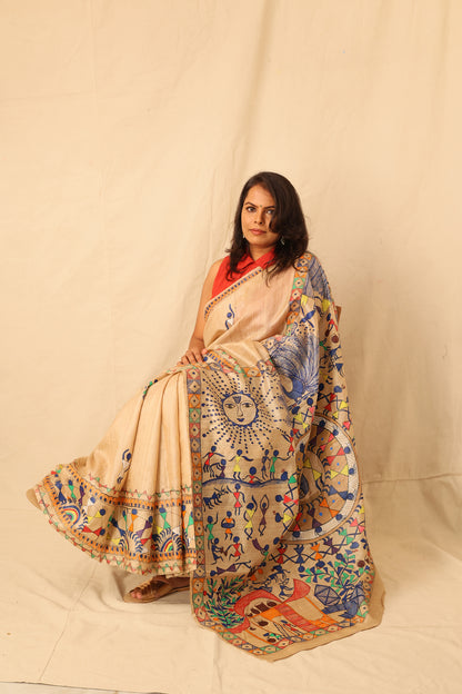 Beautiful Warli hand painted handloom pure silk saree