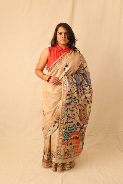 Beautiful Warli hand painted handloom pure silk saree