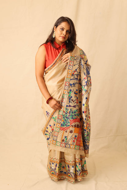 Beautiful Warli hand painted handloom pure silk saree