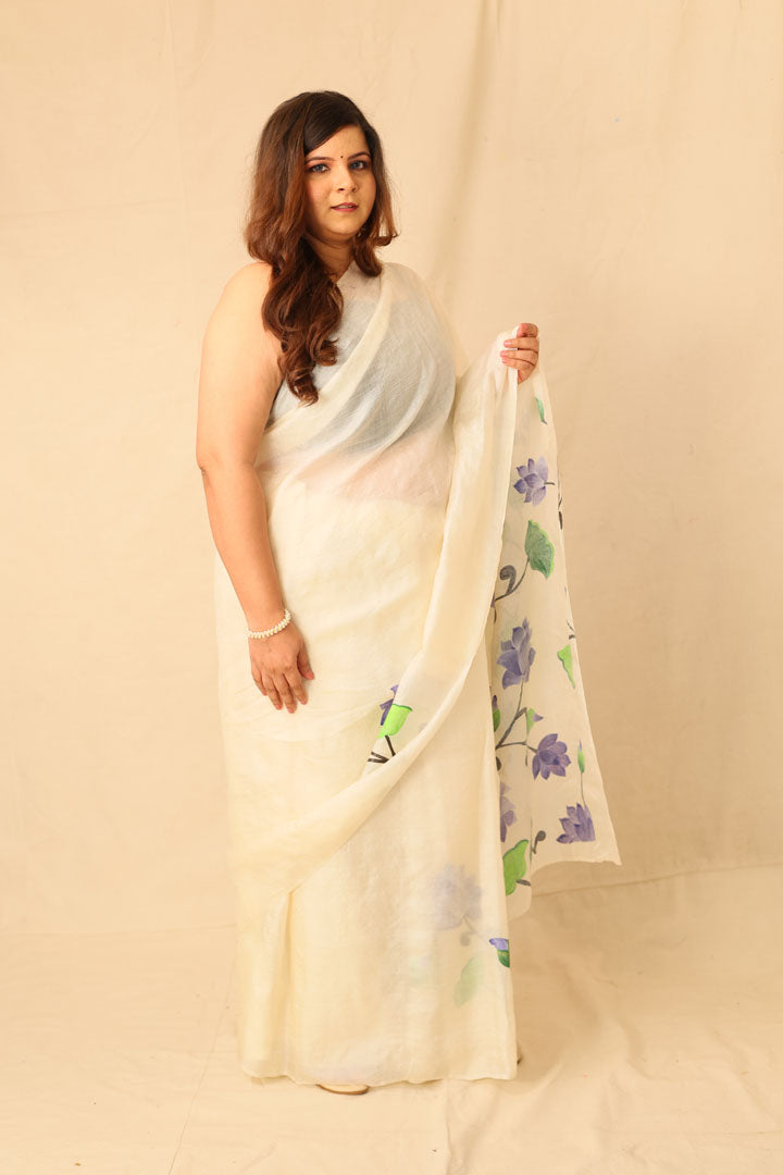 blue lotus floral handpainted white pure tusser silk saree