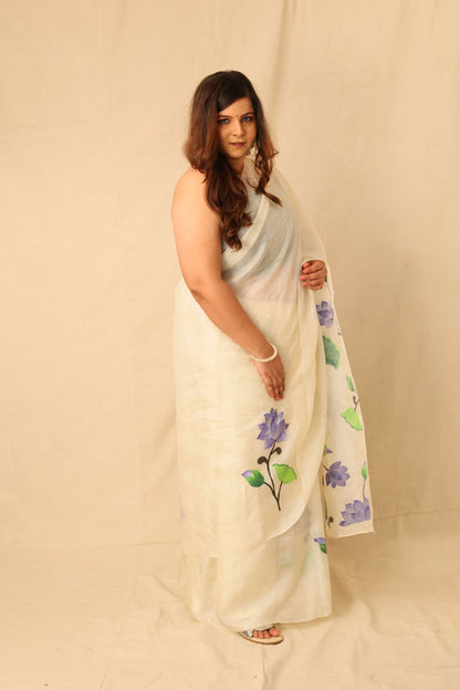 blue lotus floral handpainted white pure tusser silk saree