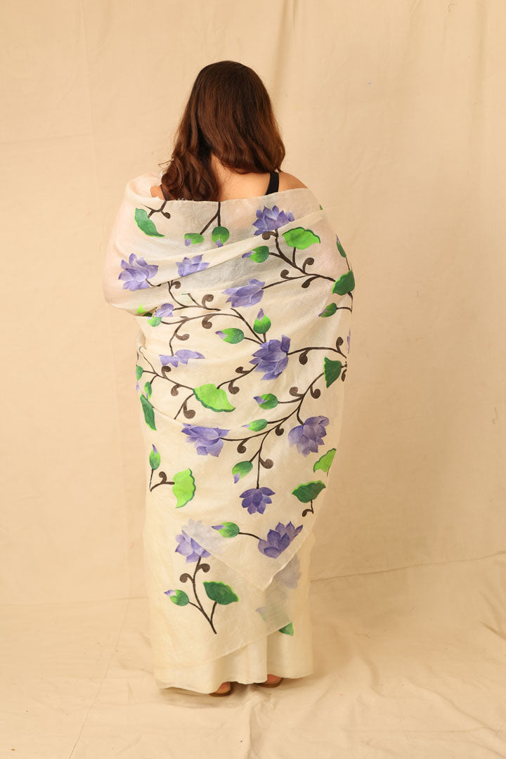 blue lotus floral handpainted white pure tusser silk saree