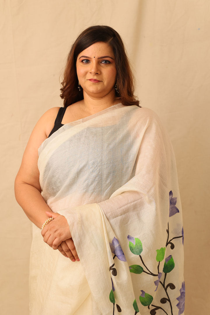 blue lotus floral handpainted white pure tusser silk saree