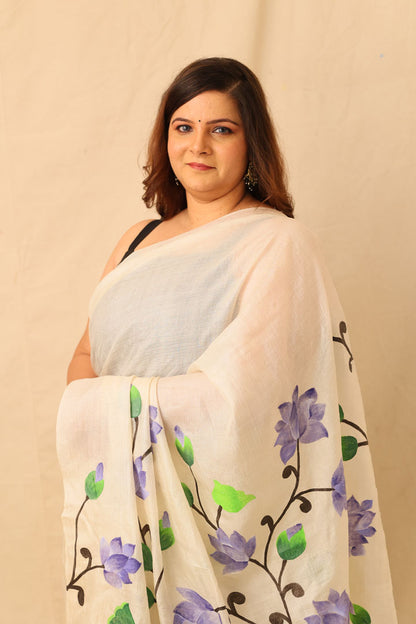 blue lotus floral handpainted white pure tusser silk saree