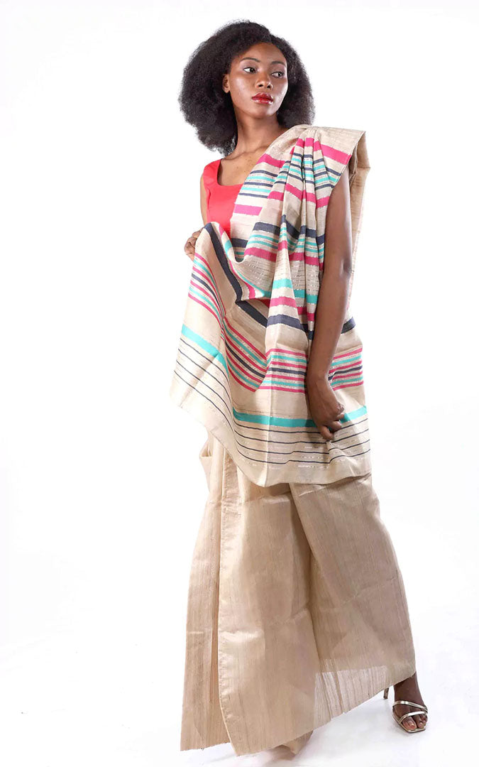 Handloom Pure Tussar Silk Saree With zari and colorful stripe pallu Print And Blouse Piece
