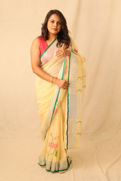 Lotus Floral Elegance Hand painted Yellow Linen Saree