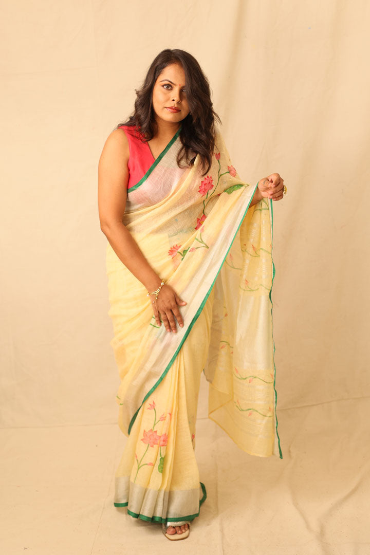 Lotus Floral Elegance Hand painted Yellow Linen Saree