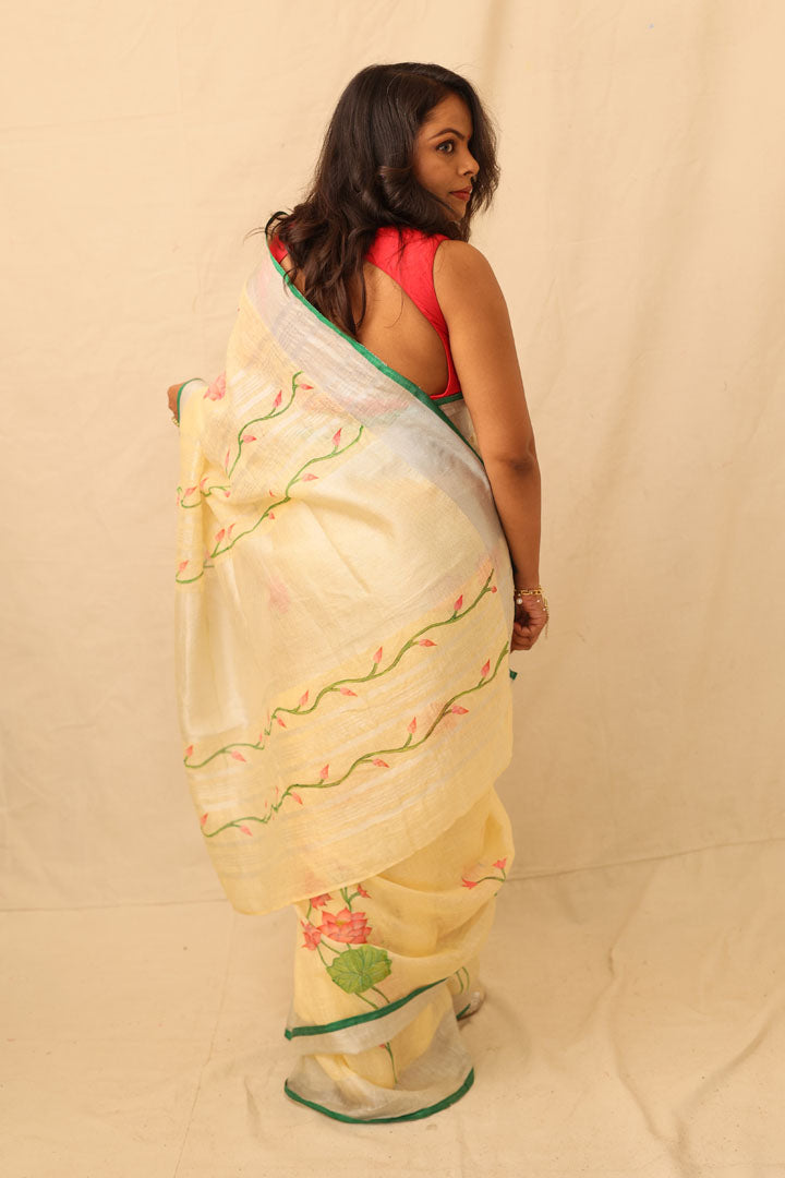 Lotus Floral Elegance Hand painted Yellow Linen Saree