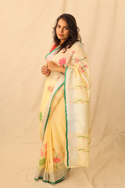 Lotus Floral Elegance Hand painted Yellow Linen Saree