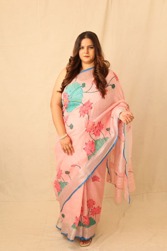 pink Lotus Bloom Hand-painted Pink linen Saree