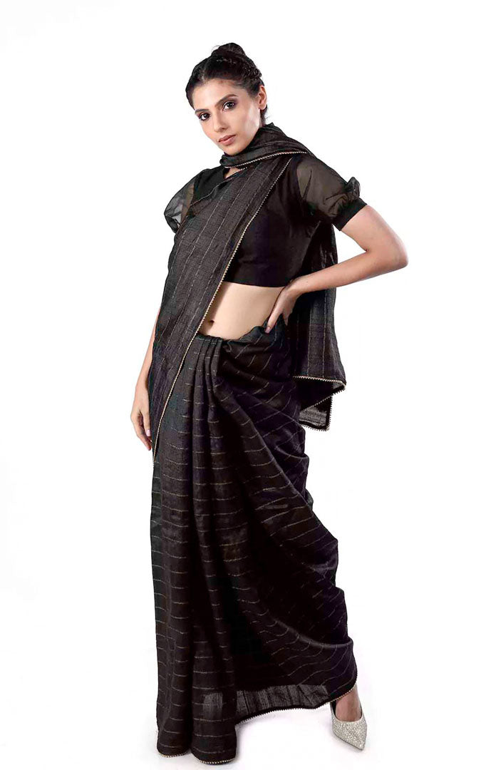 Black Tussar Silk Handloom Saree With zari stripes Design