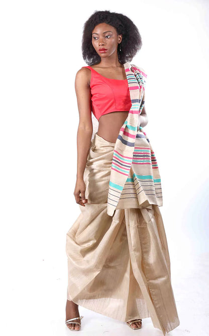 Handloom Pure Tussar Silk Saree With zari and colorful stripe pallu Print And Blouse Piece