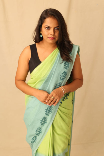 stylish Lime Ombre Handloom Pure Cotton Saree With Boder Print