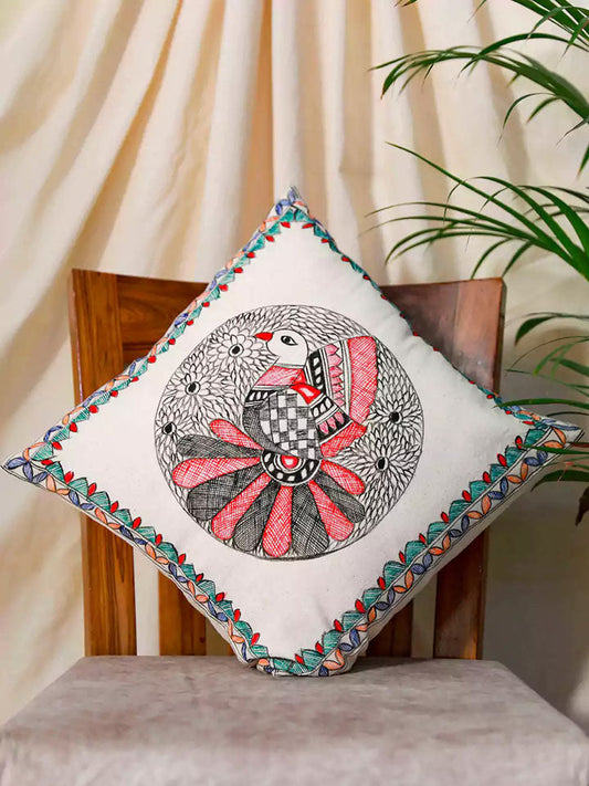 Hand Painted Fish And Lotus Madhubani Art Cushion Cover